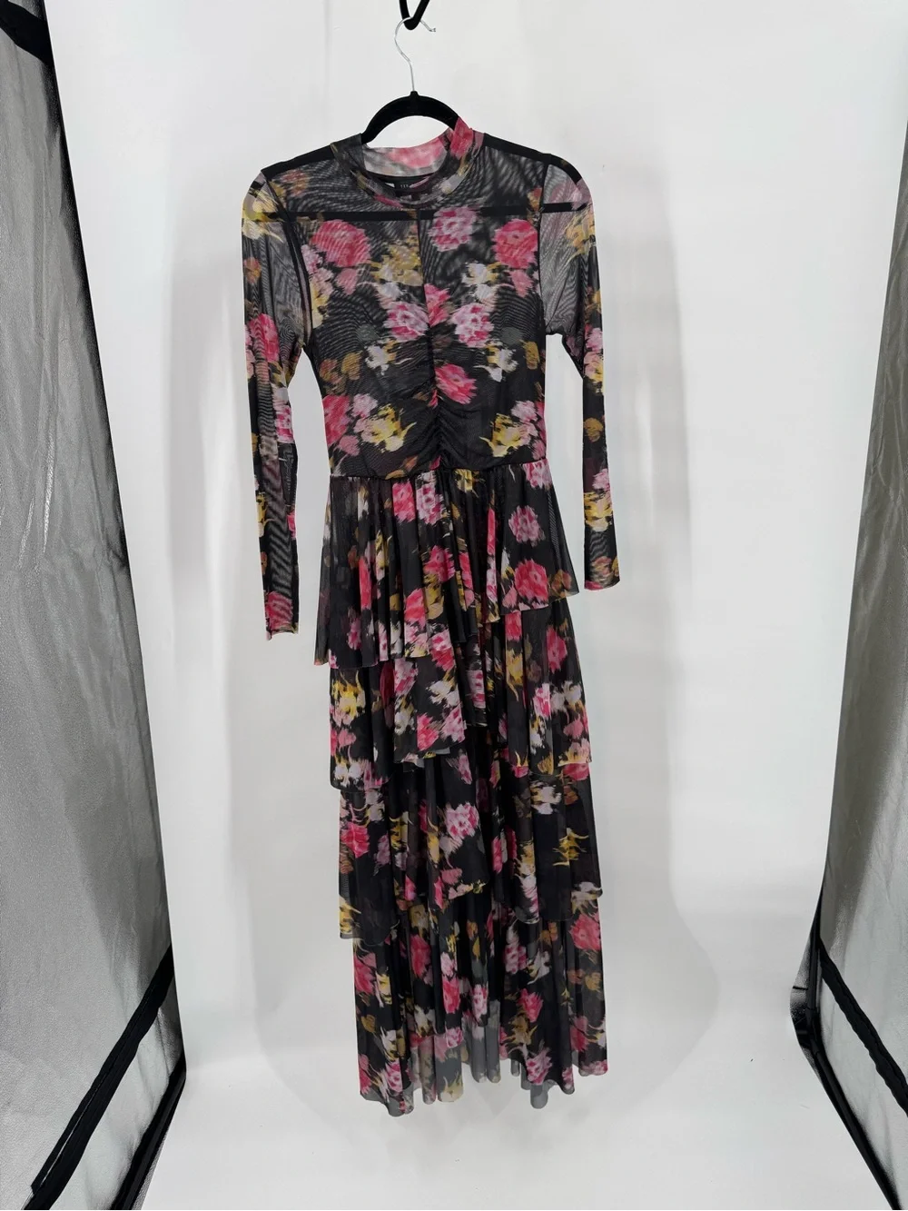 Ted Baker Sheer Floral Tiered Long-Sleeve Midi Dress in Black and Pink